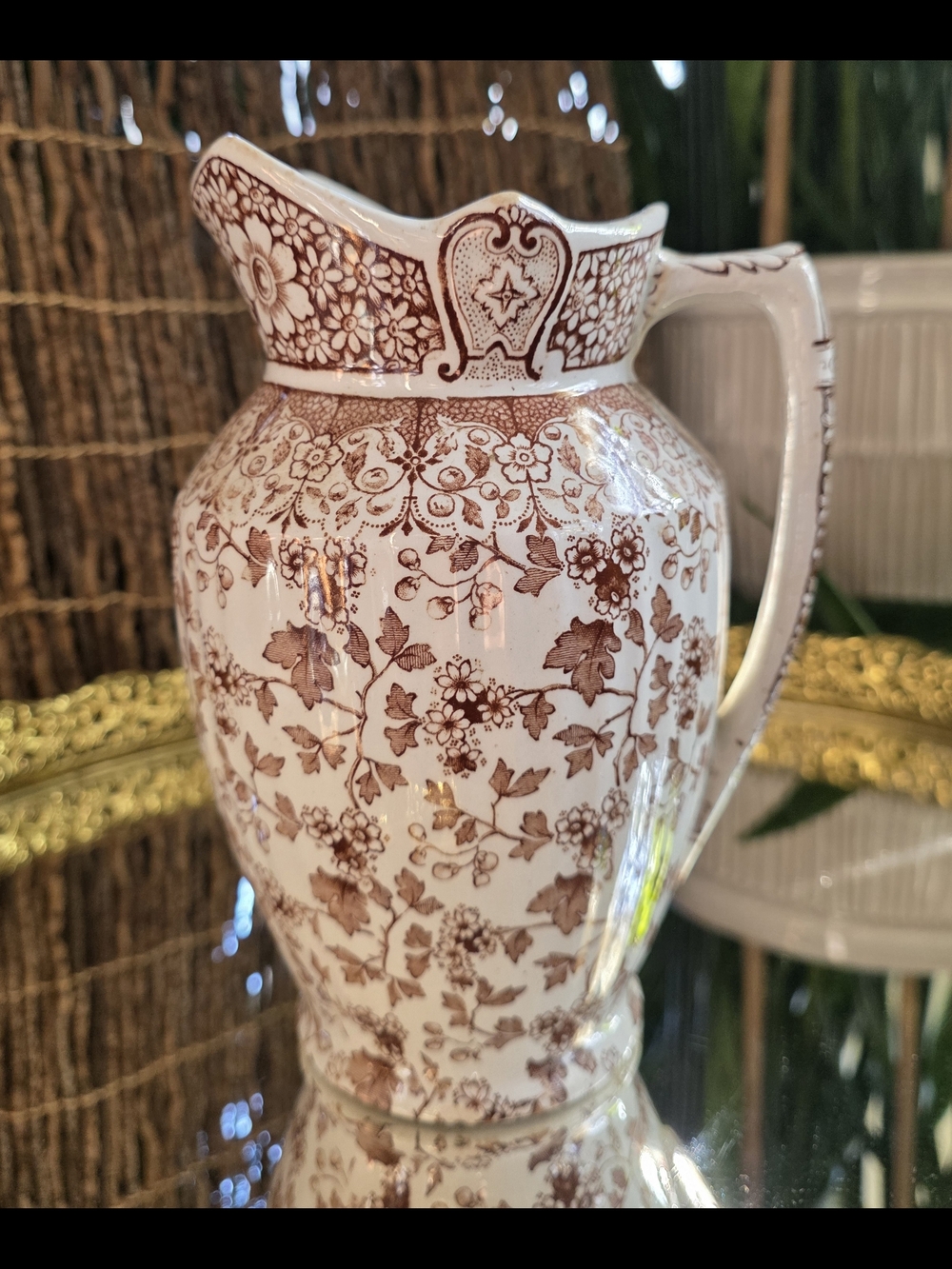 Antique Late Victorian Era Brown Transferware Pitcher Rustic